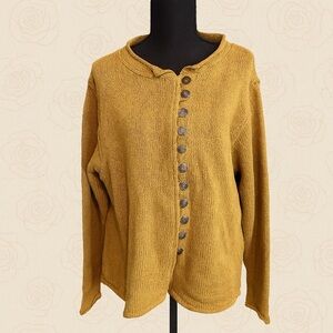 Sweater Girl Hand-Loomed Mustard Yellow Button Front Cardigan L Cotton Blend